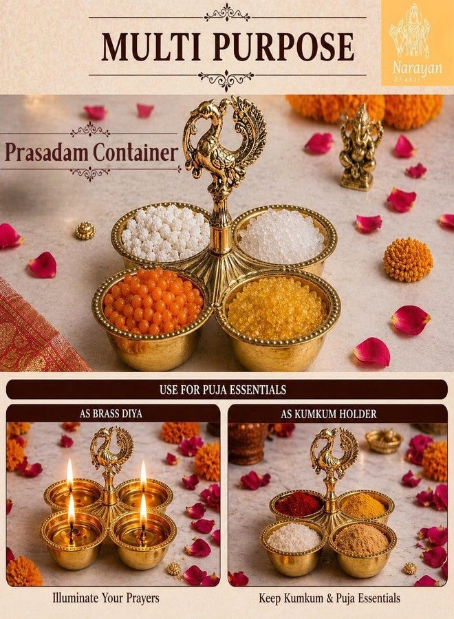 Narayan Bhakti Dual Purpose Brass kankavati with Peacock chowmukh | choupala | chopala | chokra for Pooja | 4 Bowl kumkum haldi Rice Holder | Traditional Home Temple & Festival Decor Item Large Size(226 gm) - Image 3