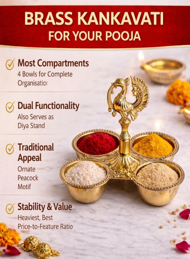 Narayan Bhakti Dual Purpose Brass kankavati with Peacock chowmukh | choupala | chopala | chokra for Pooja | 4 Bowl kumkum haldi Rice Holder | Traditional Home Temple & Festival Decor Item Large Size(226 gm) - Image 5