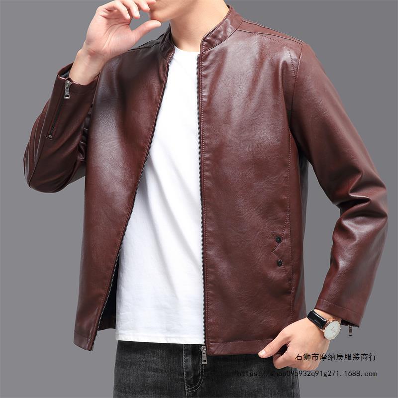 Men'S Motorcycle Pu Leather Jacket Spring New Thin Outwear Pure Color Stand Collar Slim Handsome Jacket Men'S Slim Fit - Image 4
