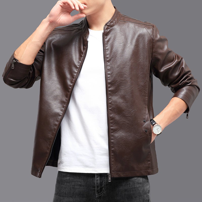 Men'S Motorcycle Pu Leather Jacket Spring New Thin Outwear Pure Color Stand Collar Slim Handsome Jacket Men'S Slim Fit - Image 2
