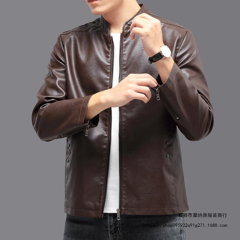 Men'S Motorcycle Pu Leather Jacket Spring New Thin Outwear Pure Color Stand Collar Slim Handsome Jacket Men'S Slim Fit - Image 5