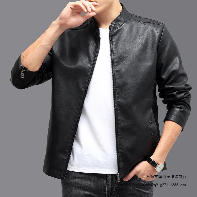 Men'S Motorcycle Pu Leather Jacket Spring New Thin Outwear Pure Color Stand Collar Slim Handsome Jacket Men'S Slim Fit - Image 3