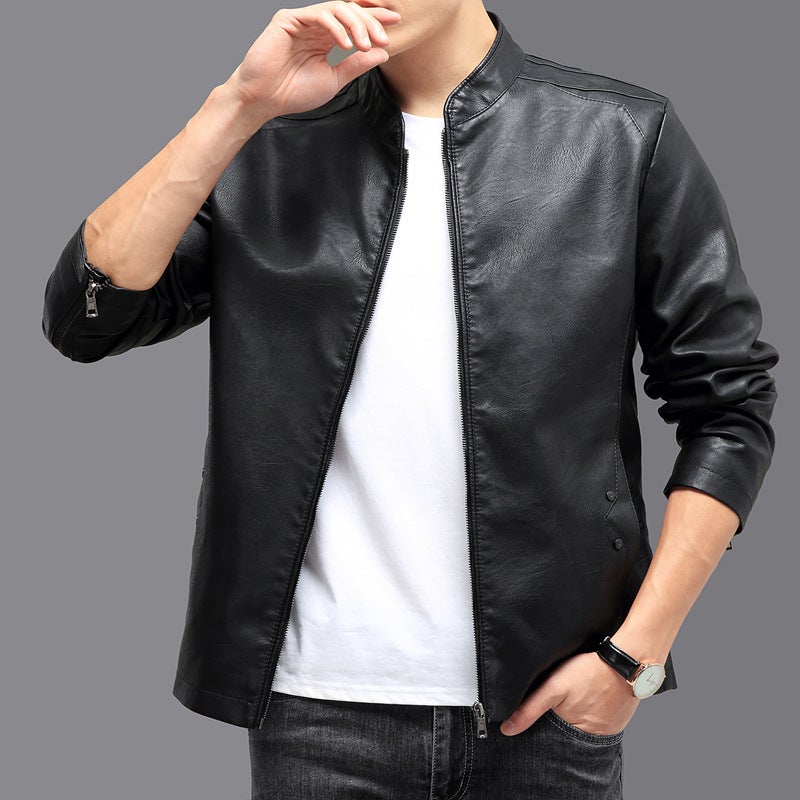 Men'S Motorcycle Pu Leather Jacket Spring New Thin Outwear Pure Color Stand Collar Slim Handsome Jacket Men'S Slim Fit - Image 1