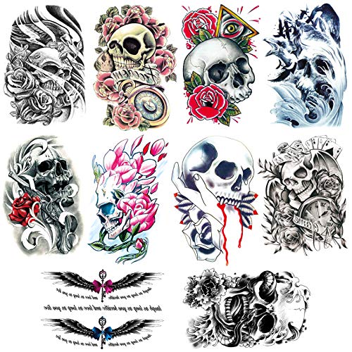 Ooopsiun 10 Sheets Large Arm Temporary Tattoos For Men Adults, Skull Skeleton Fake Arm Tattoo stickers Halloween Day of the Dead - Image 1