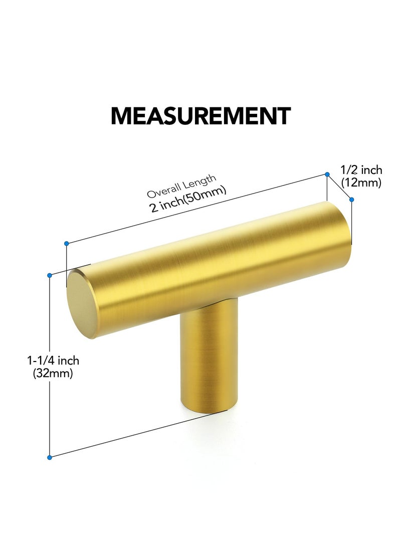 10 Pack Gold Cabinet Knobs 2 Inch - Brushed Brass Drawer Knobs Single Hole Gold T Bar Hardware Drawer Pulls for Kitchen Cabinets and Dressers - Image 2