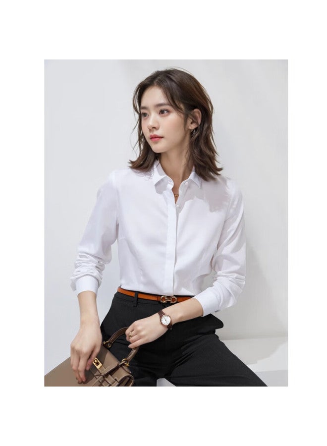 Trollman Mulberry Silk Non-iron Long Sleeve Shirt Women White Professional Stretch Casual Premium Interview Formal Commuter Blouse
