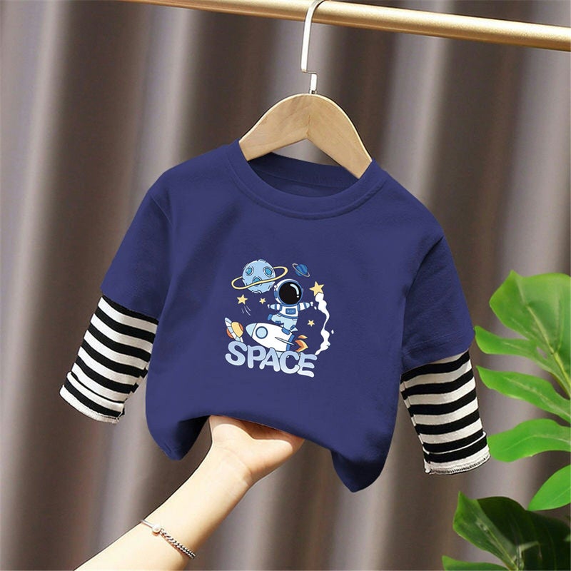 G2092# Children'S Long Sleeve T-Shirt For Boys And Girls New T-Shirt For Big Children'S Fashion Children'S Wear Fake Two-Piece Tide - Image 2
