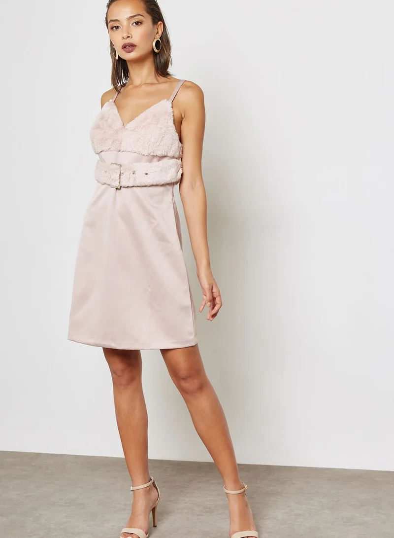 LOST INK Fuzzy Trim Mini Dress