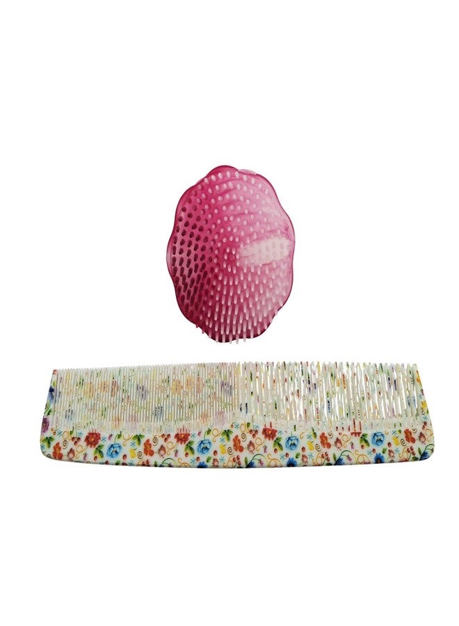 Floral Print Hair Comb with Silicone Bristles, Pink and White pack of 2