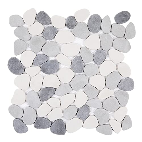 Diflart Pebble Tile for Shower Floor, Gray and White Oval, 5 Sheets, Pebble Backsplash for Kitchen Bathroom Wall and Floor Tile - Image 1