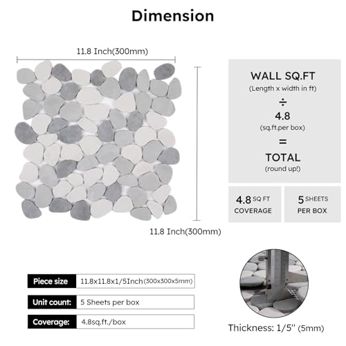 Diflart Pebble Tile for Shower Floor, Gray and White Oval, 5 Sheets, Pebble Backsplash for Kitchen Bathroom Wall and Floor Tile - Image 3