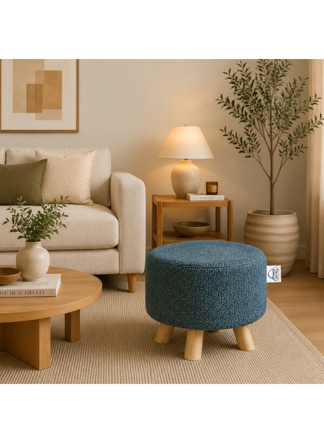 PixelsBeanBag Wide round ottoman in boucle fabric from PixelsBeanBag with wooden legs, for the living room and bedroom, vanity chair - Image 1
