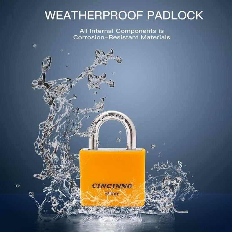 CINCINNO Set of 8 Small Locks，Covered Aluminum Keyed Alike Padlocks，30MM Weatherproof Lock with Same Key,Outdoor Padlock for Sheds, Storage Unit ，School Gym Locker, Toolbox - Image 5