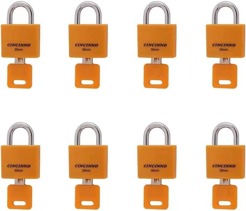 CINCINNO Set of 8 Small Locks，Covered Aluminum Keyed Alike Padlocks，30MM Weatherproof Lock with Same Key,Outdoor Padlock for Sheds, Storage Unit ，School Gym Locker, Toolbox - Image 1