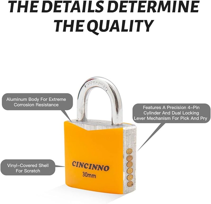 CINCINNO Set of 8 Small Locks，Covered Aluminum Keyed Alike Padlocks，30MM Weatherproof Lock with Same Key,Outdoor Padlock for Sheds, Storage Unit ，School Gym Locker, Toolbox - Image 3