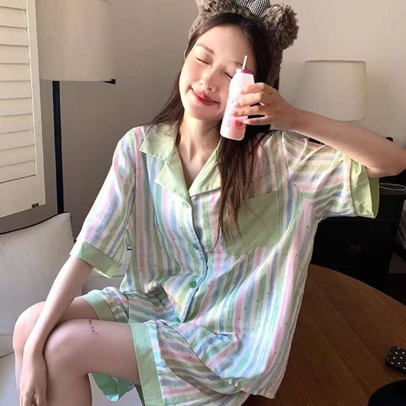 Women's Summer Short Sleeve Shorts Pajama Set, Cloud Cotton, Striped - Image 2