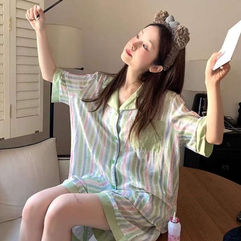 Women's Summer Short Sleeve Shorts Pajama Set, Cloud Cotton, Striped - Image 1