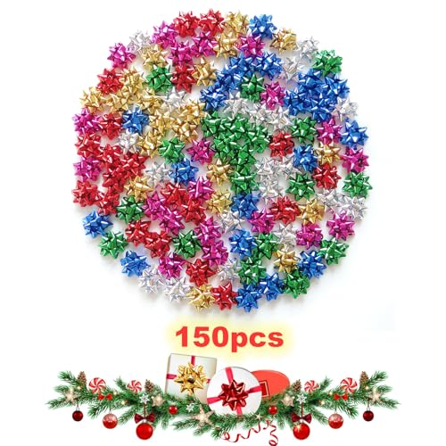 SERSEE 150pcs 1'' Mini Gift Bow, 1inch Tiny Self Adhersive Present Metallic Star Bows Stick on Red Green Gold Silver Blue Pink Holiday Party Craft Birthday Christmas Packaging Wraping Decoration (1in) - Image 4