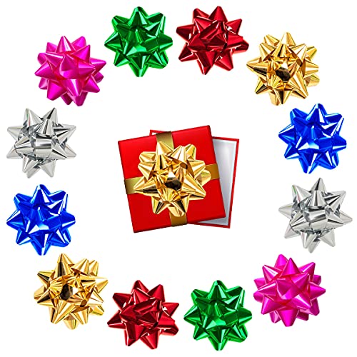 SERSEE 150pcs 1'' Mini Gift Bow, 1inch Tiny Self Adhersive Present Metallic Star Bows Stick on Red Green Gold Silver Blue Pink Holiday Party Craft Birthday Christmas Packaging Wraping Decoration (1in) - Image 1