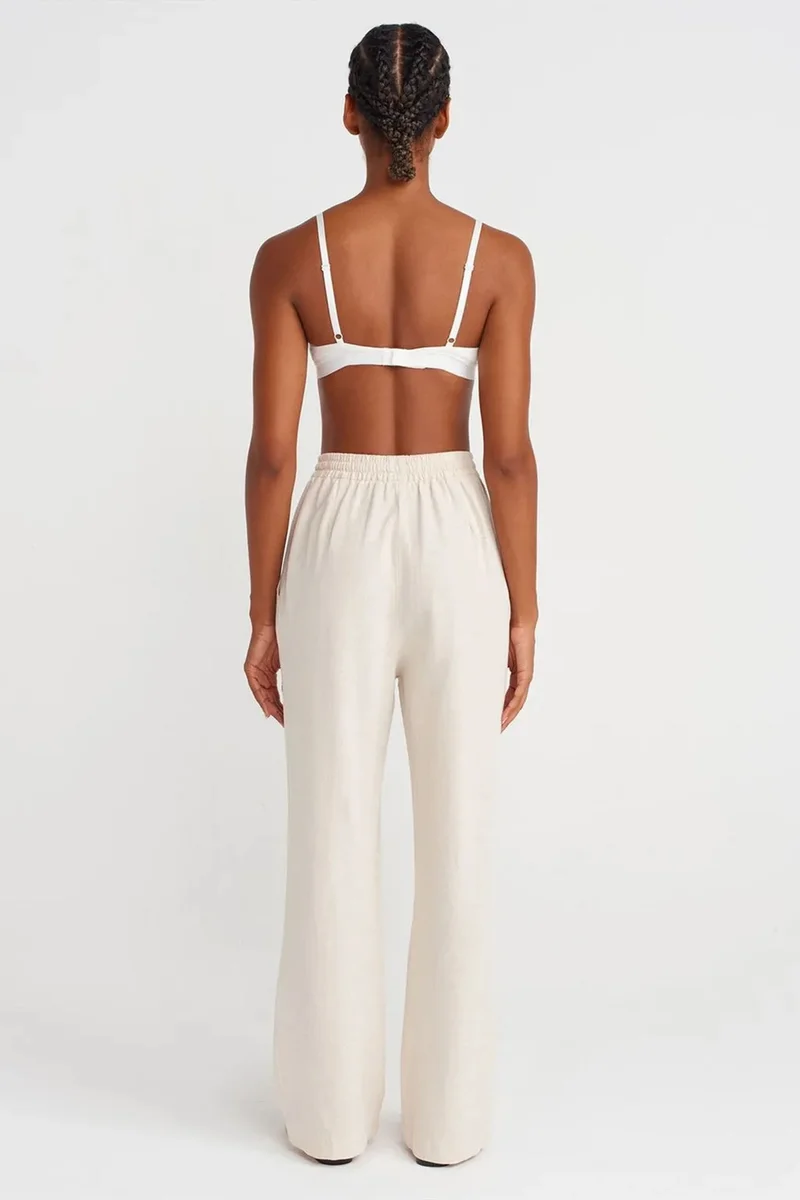 Dilvin Oatmeal Natural DILVIN Wide-Leg Trousers With Drawstring Waist for Women | Best Price UAE
