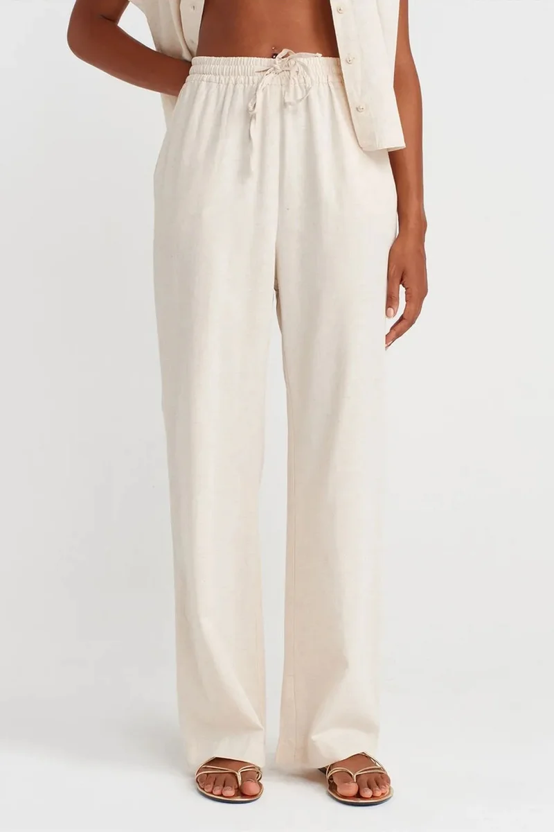 Dilvin Oatmeal Natural DILVIN Wide-Leg Trousers With Drawstring Waist for Women | Best Price UAE