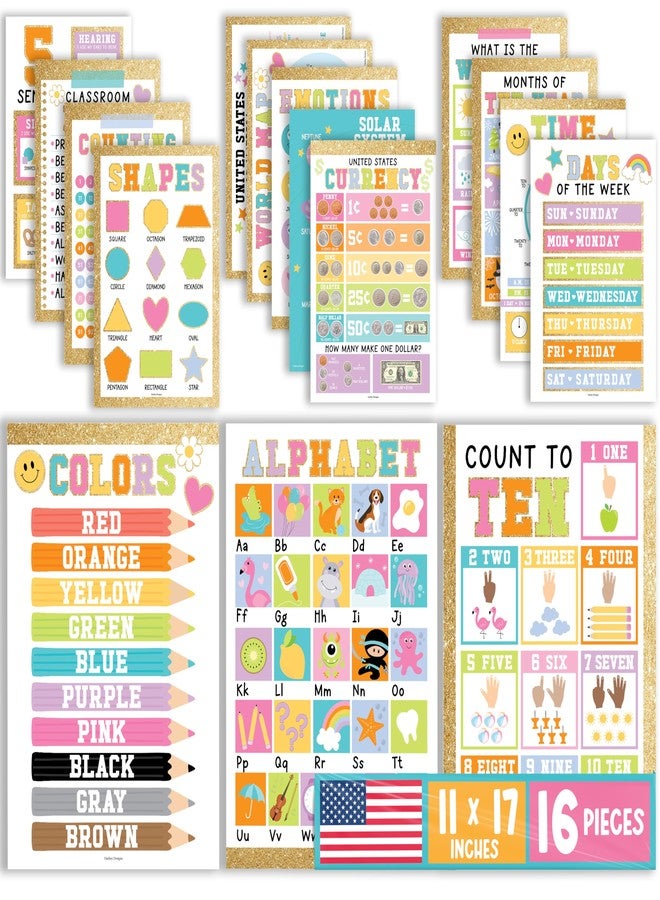 Hadley Designs 16 Educational Posters for Toddlers 1-3, Laminated Toddler Learning Posters for Preschool & Kindergarten, ABC Chart, Numbers, Colors, Shapes, Days of The Week, Gold Classroom Decor - Image 1