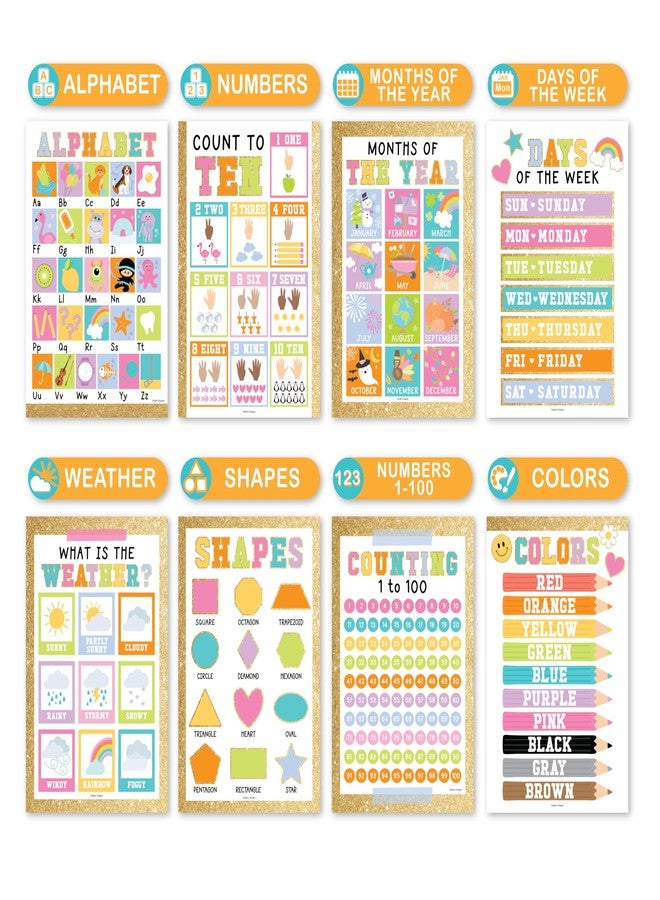 Hadley Designs 16 Educational Posters for Toddlers 1-3, Laminated Toddler Learning Posters for Preschool & Kindergarten, ABC Chart, Numbers, Colors, Shapes, Days of The Week, Gold Classroom Decor - Image 4