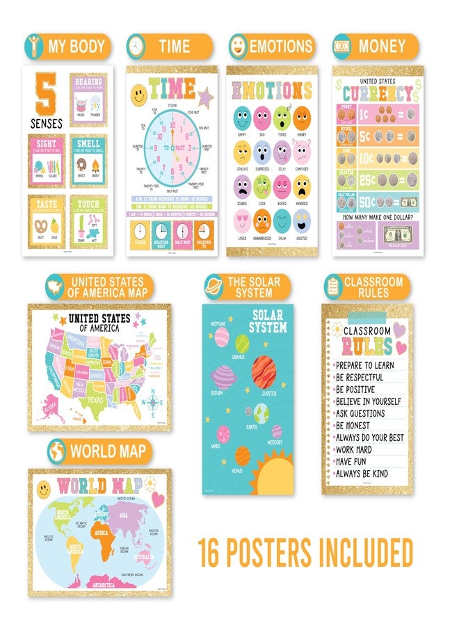 Hadley Designs 16 Educational Posters for Toddlers 1-3, Laminated Toddler Learning Posters for Preschool & Kindergarten, ABC Chart, Numbers, Colors, Shapes, Days of The Week, Gold Classroom Decor - Image 5