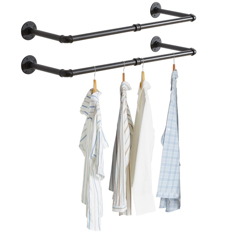 IBUYKE Wall Mounted Clothes Rail Set of 2 94cm Industrial Pipe Clothes Bar Rack Heavy Duty Retro Wall Tidy Rail Pipe Display Rails for Home Shops Detachable Garment Hanging Storage Rail TYJ001H2