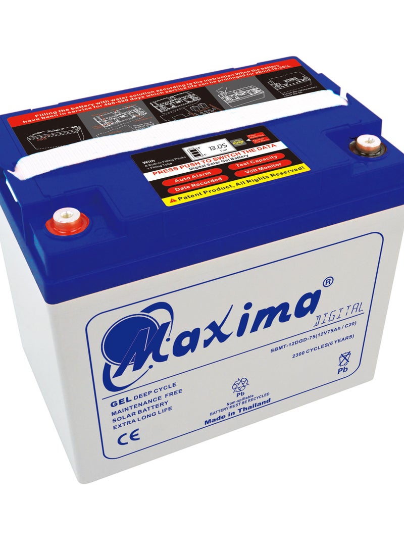 Maxima Solar Digital Gel Battery, Digital Gel Battery 75Ah, Rechargable Batteries, Maintenance Free Battery, Gel Deep Cycle Battery, 12V/75Ah solar battery with status indication (LCD) display