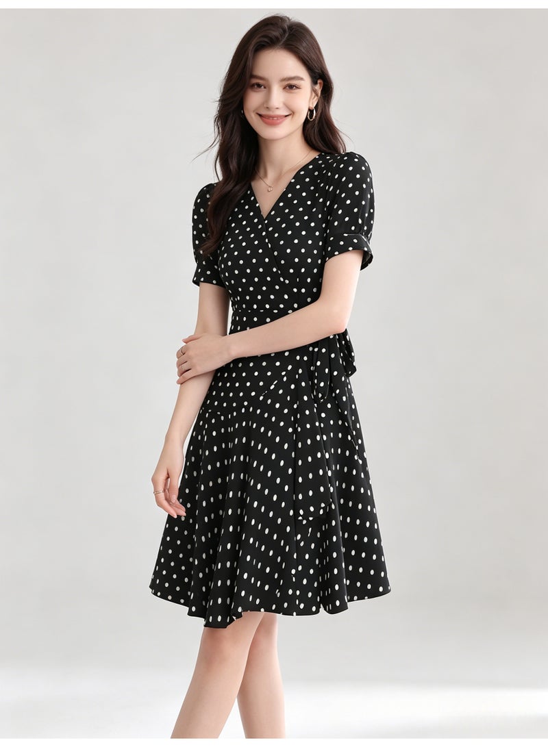 زارا ZARA Women’s Black White Polka Dot V-Neck Puff Short Sleeve Wrap Mini Dress with Side Tie - Image 2