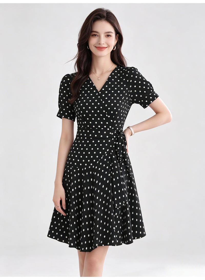 زارا ZARA Women’s Black White Polka Dot V-Neck Puff Short Sleeve Wrap Mini Dress with Side Tie - Image 1