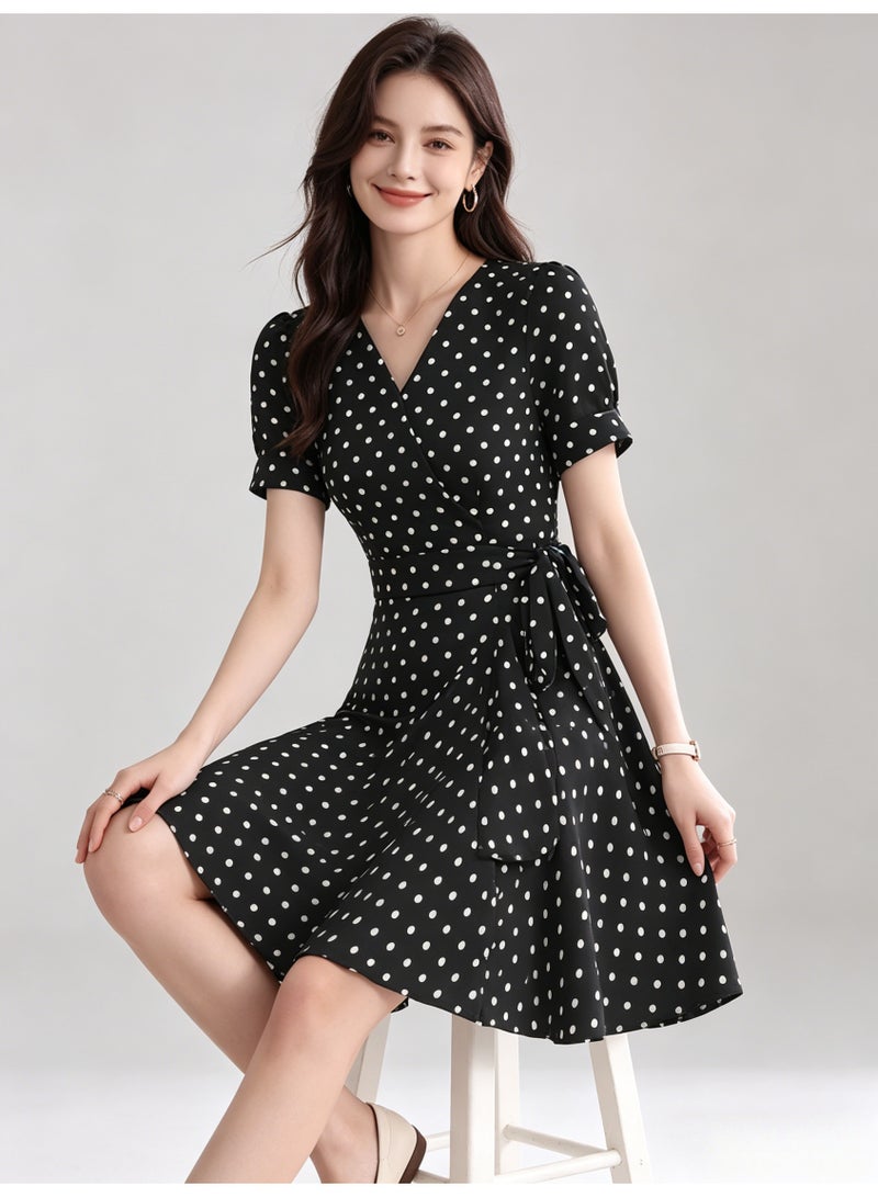 زارا ZARA Women’s Black White Polka Dot V-Neck Puff Short Sleeve Wrap Mini Dress with Side Tie - Image 4