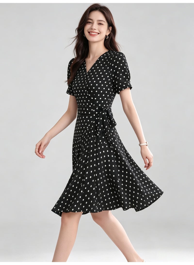 زارا ZARA Women’s Black White Polka Dot V-Neck Puff Short Sleeve Wrap Mini Dress with Side Tie - Image 3