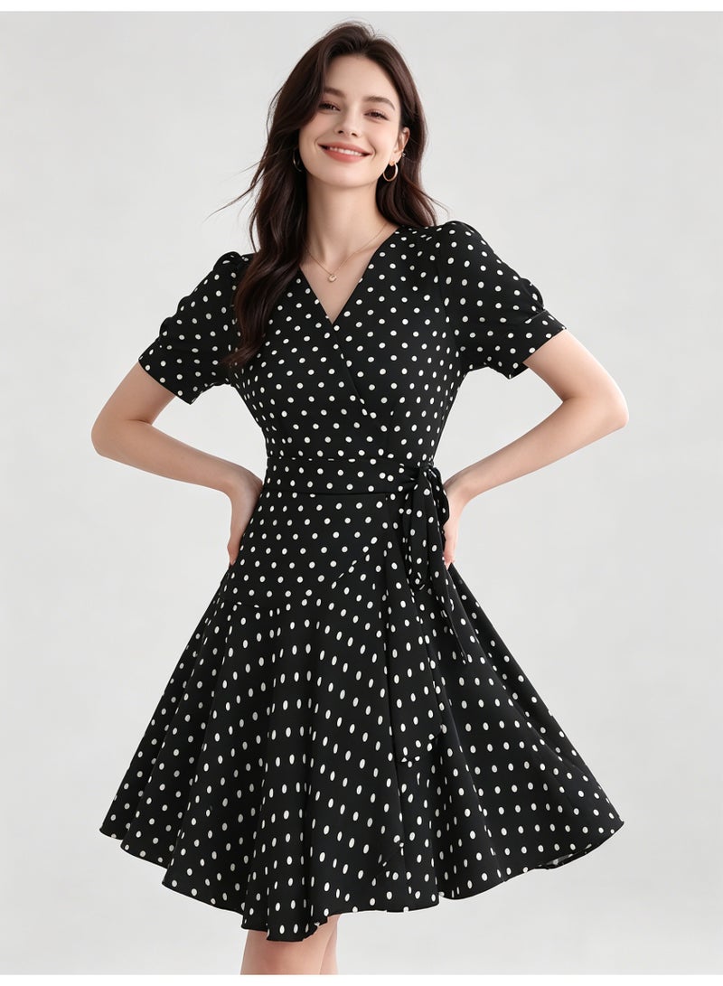 زارا ZARA Women’s Black White Polka Dot V-Neck Puff Short Sleeve Wrap Mini Dress with Side Tie - Image 5