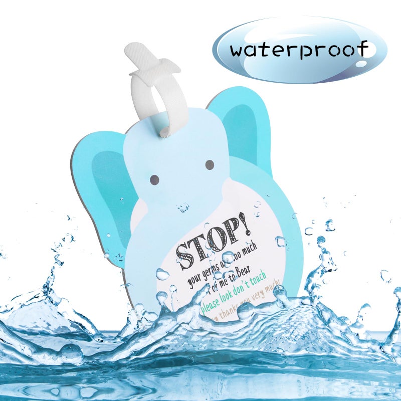 CORNERIA Elephant Baby Dont Touch Sign Car Seat Cover & Stroller Tag - 2 Set Vinyl Hard Board Baby Basket Tag with Hanging Straps - Image 2