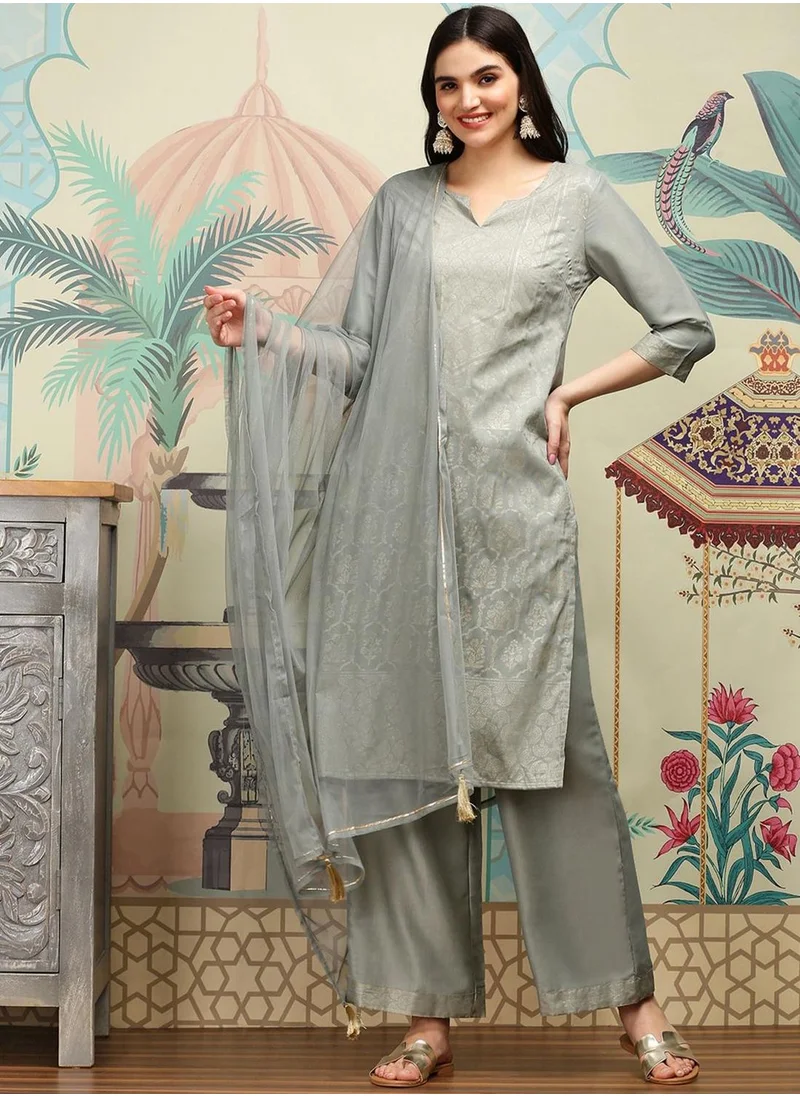 آي شين Women's Light Grey Chiffon Printed Tunic Full Length Casual Straight Fit Kurta Set