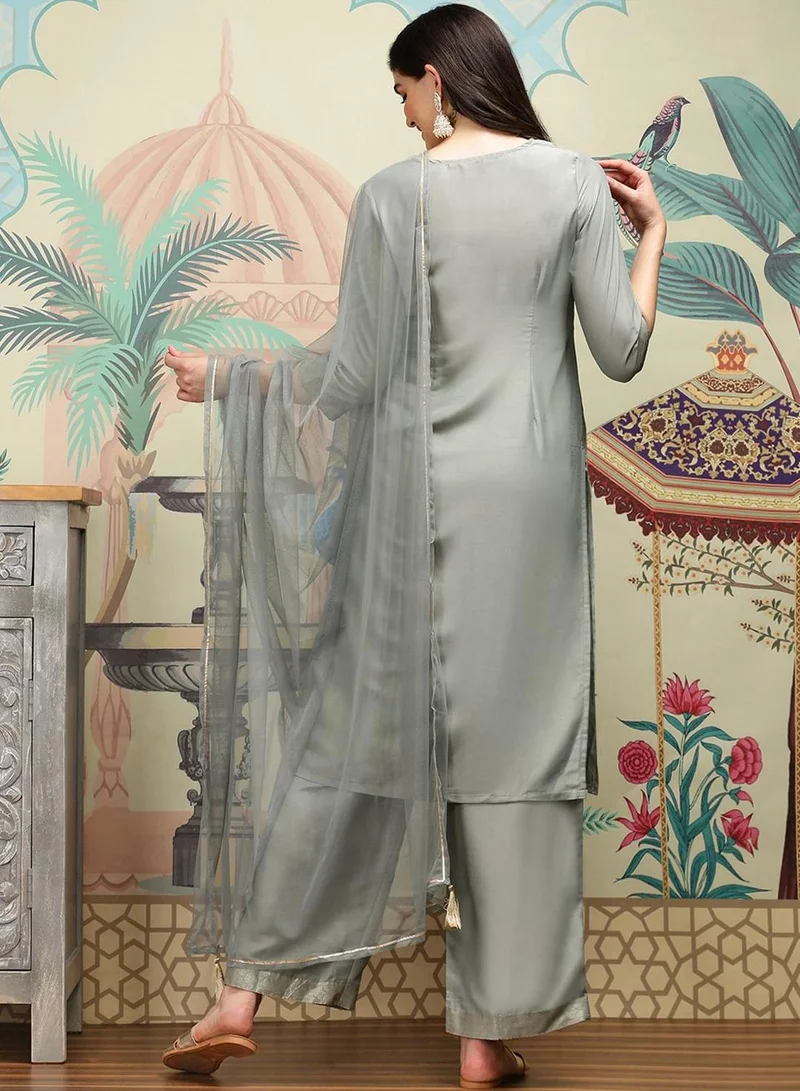 ISHIN Women's Light Grey Chiffon Printed Tunic Full Length Casual Straight Fit Kurta Set