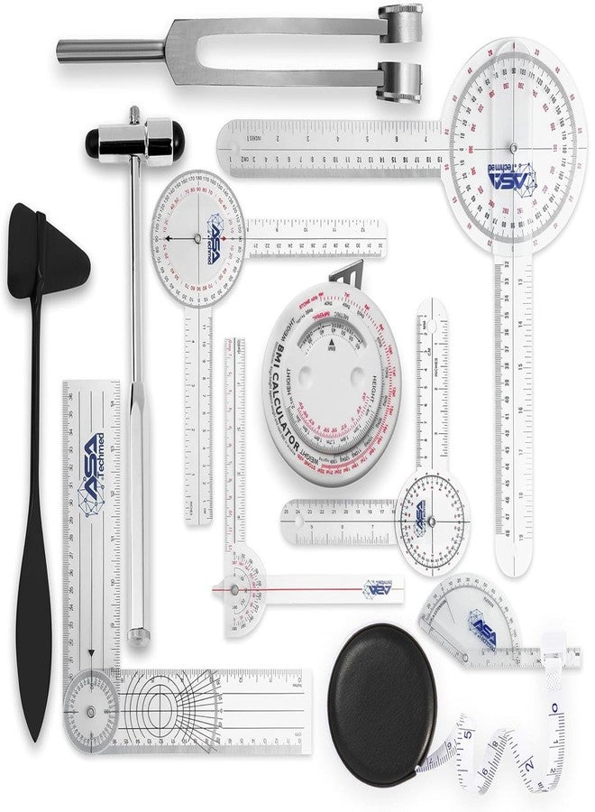 ASA TECHMED Goniometer Physical Therapy Complete Set W/Bonus Reflex Hammer Including 12,8,6 Inches Goni's Plus Two Bonus Measuring Tapes. Occupational Therapy Too - Image 1