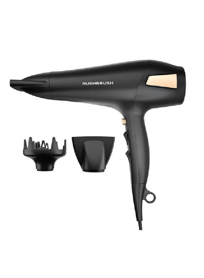 Rush Brush D2 Pro Hair Dryer, 3 heat and 2 speed settings, removable air filter, 2500 Watt - Black
