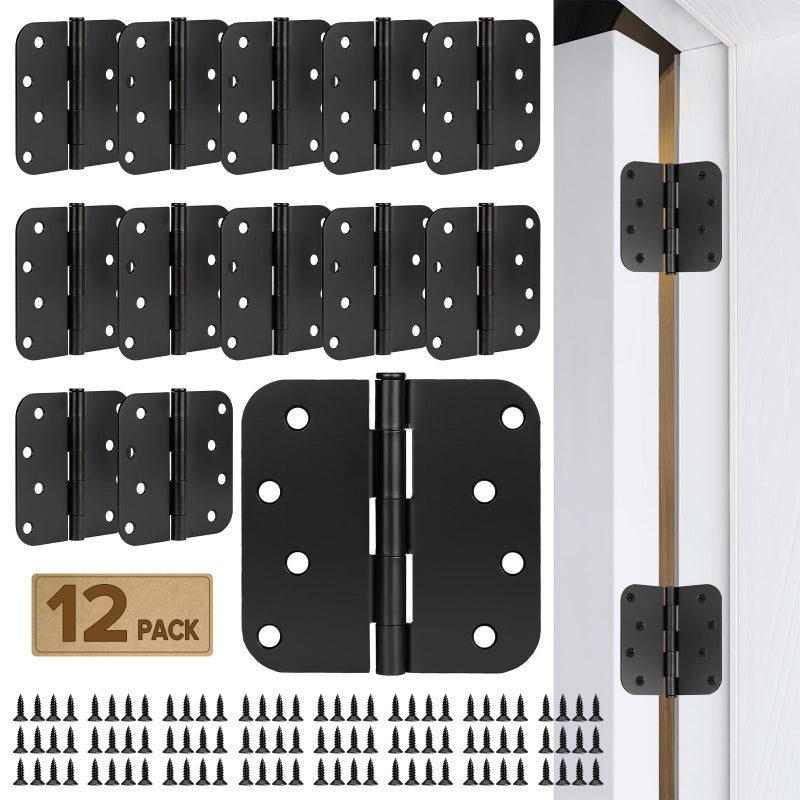 Donext مفصلات أبواب دونيكست شديدة التحمل، عبوة من 12 قطعة، مقاس 4 بوصات، دائرية، سوداء غير لامعة - مفصلات متينة بزوايا نصف قطرها 5/8 بوصة - Image 1