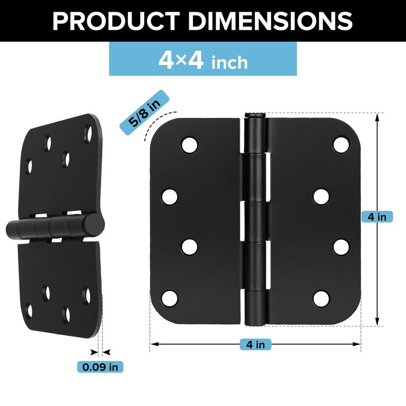 Donext مفصلات أبواب دونيكست شديدة التحمل، عبوة من 12 قطعة، مقاس 4 بوصات، دائرية، سوداء غير لامعة - مفصلات متينة بزوايا نصف قطرها 5/8 بوصة - Image 2