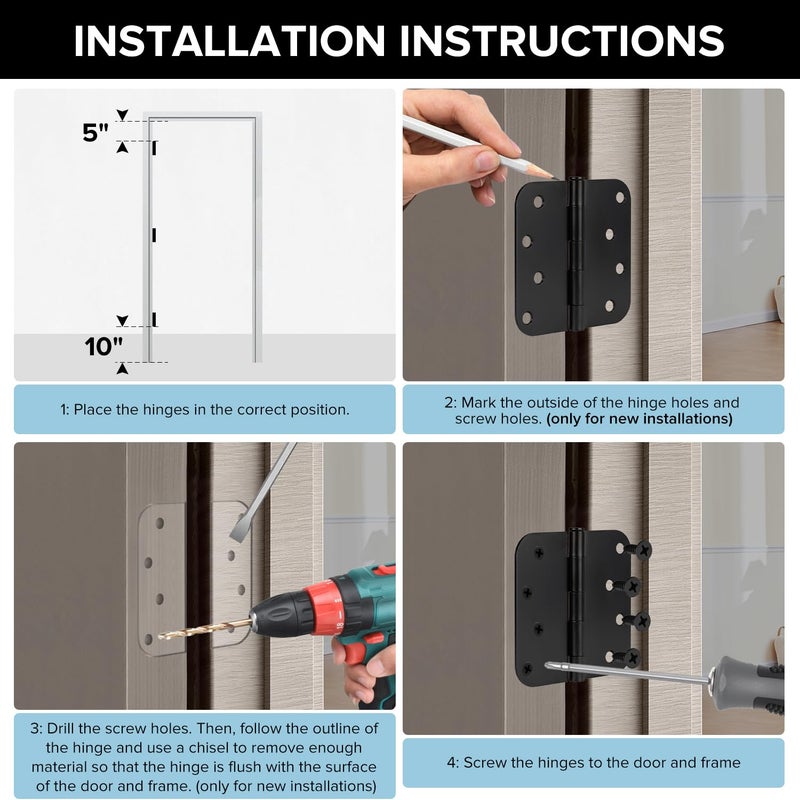 Donext مفصلات أبواب دونيكست شديدة التحمل، عبوة من 12 قطعة، مقاس 4 بوصات، دائرية، سوداء غير لامعة - مفصلات متينة بزوايا نصف قطرها 5/8 بوصة - Image 3