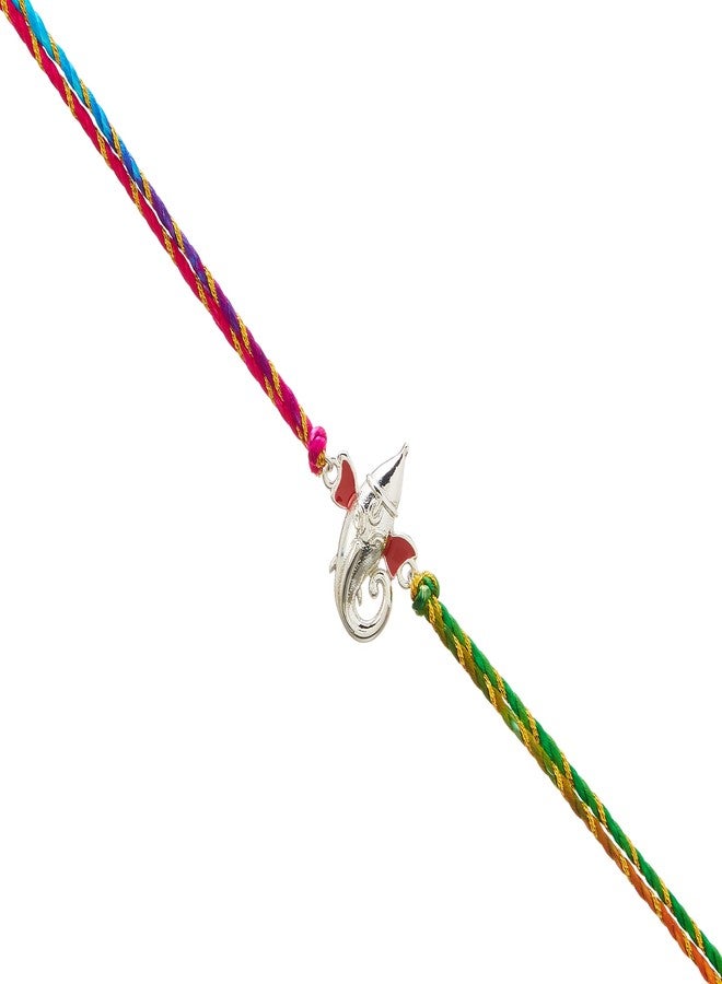 Estele Rhodium Plated Shiney Ganesh Bracelet with Multi Colored Silk Thread For Men - Image 1