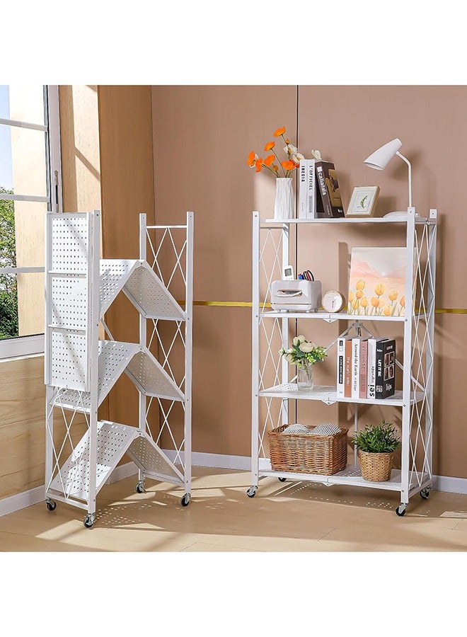 RollsTimi  White Collapsible Shelves Foldable Storage Shelves, 4 Tier Rolling Shelf with Wheels, No Assembly Shelving Unit, Plus Mobile Utility Cart for Kitchen, Office, Laundry, Garage - Image 1