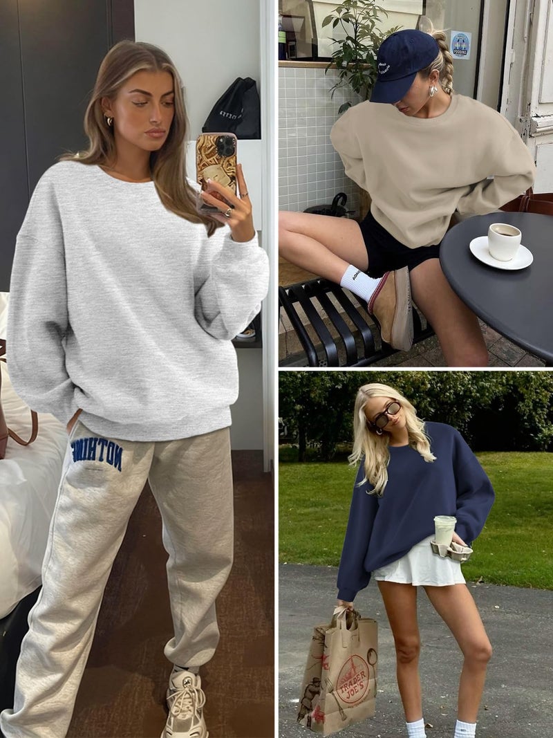 ATHMILE Oversized Sweatshirt for Women Crewneck Fleece Long Sleeve Pullover Hoodies Tops Fall Fashion Outfits Clothes 2026 Grey - Image 5