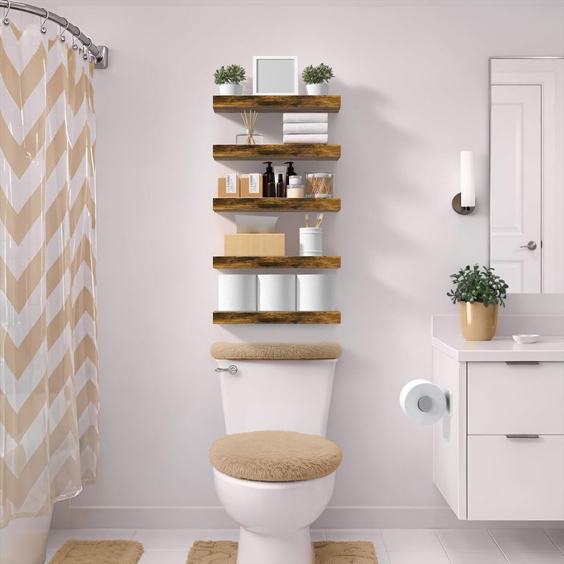 Sorbus Floating Shelves for Wall, Bathroom Shelves for Wall Mounting for Kitchen, Bedroom, Living Room, Bathroom, Storage, Above Toilet, Hanging Bookshelf for Wall, Home Decor (Rust Brown, 5 Pieces) - Image 2