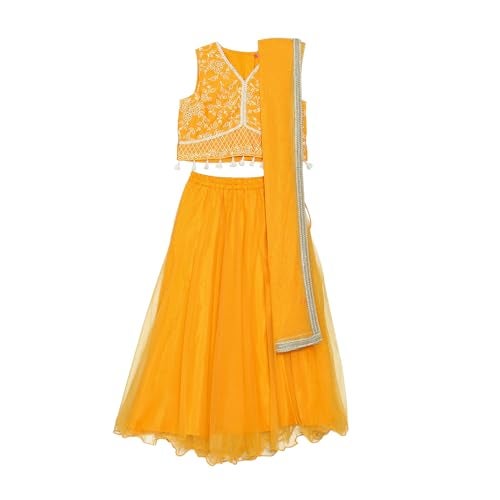 BIBA Girl's Solid Straight Polyester Readymade Lehenga Choli Set (Kwwhite Blooms5966_Yellow_9) - Image 1