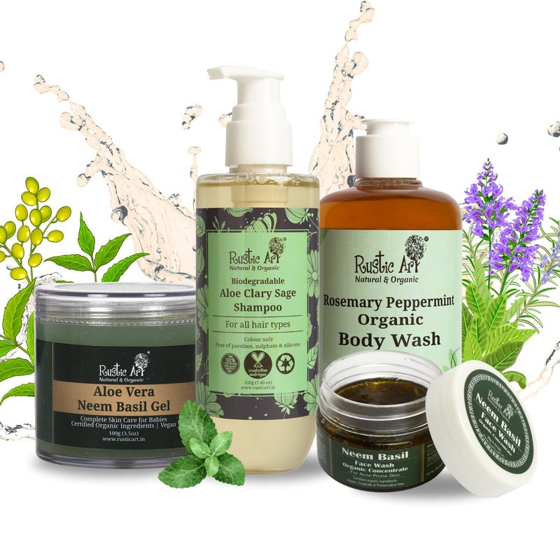 Rustic Art Summer Body Care ComboOrganic And Vegan Natural And Chemical Free Aloe Clary Sage Shampoo Aloe Vera Neem Basil Gel Neem Basil Face Wash 50 gm Rosemary Peppermint Body Wash 300ML - Image 3