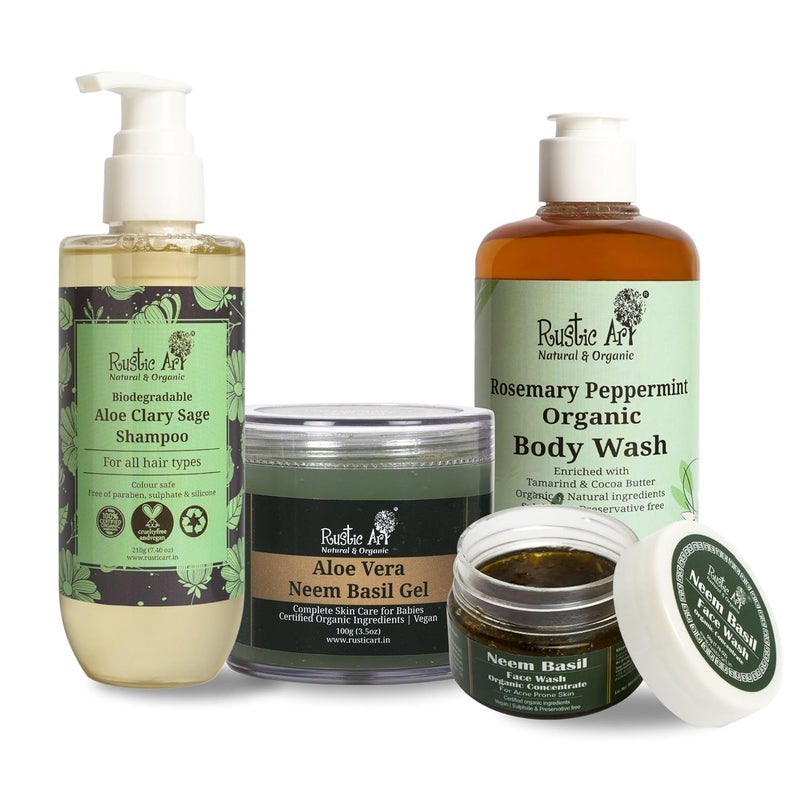 Rustic Art Summer Body Care ComboOrganic And Vegan Natural And Chemical Free Aloe Clary Sage Shampoo Aloe Vera Neem Basil Gel Neem Basil Face Wash 50 gm Rosemary Peppermint Body Wash 300ML - Image 1